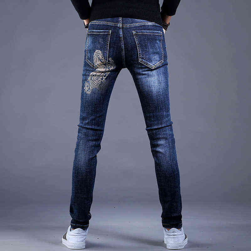 Mens Stylish Printing Denim Pants,Slim-fit Washed Casual Jeans,High Quality Elastic Denim Jeans,Young Boys Fashion Must; 211120