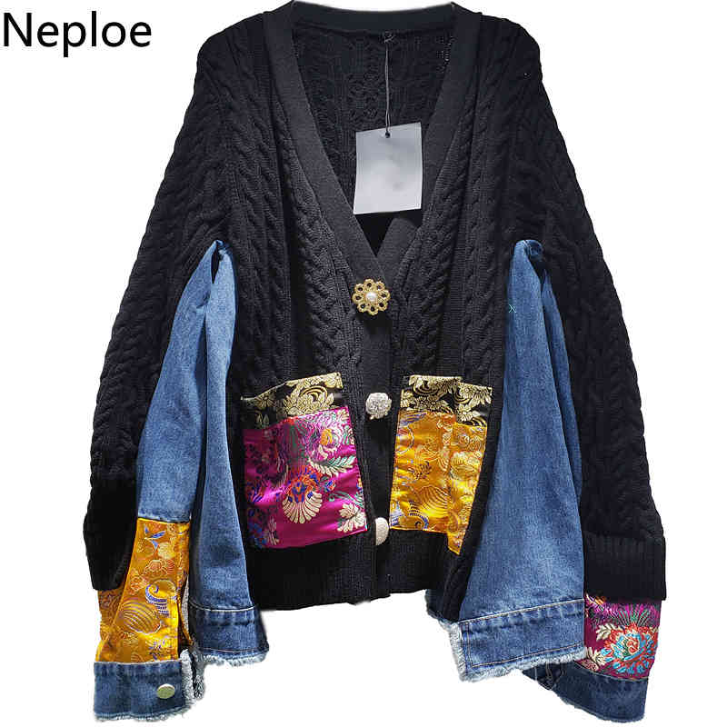Neploe New Arrival Knitted Cardigan Chinese Style Patchwork Cowboy Sweaters Women Chic Embroidery Loose Sueter Coat 94552 210422