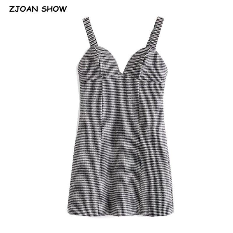 Sexy Black white Check Plaid Pad Chest pad Spaghetti Strap Women Dress Ladies Bodycon Sleeveless Mini Party Sling 210429