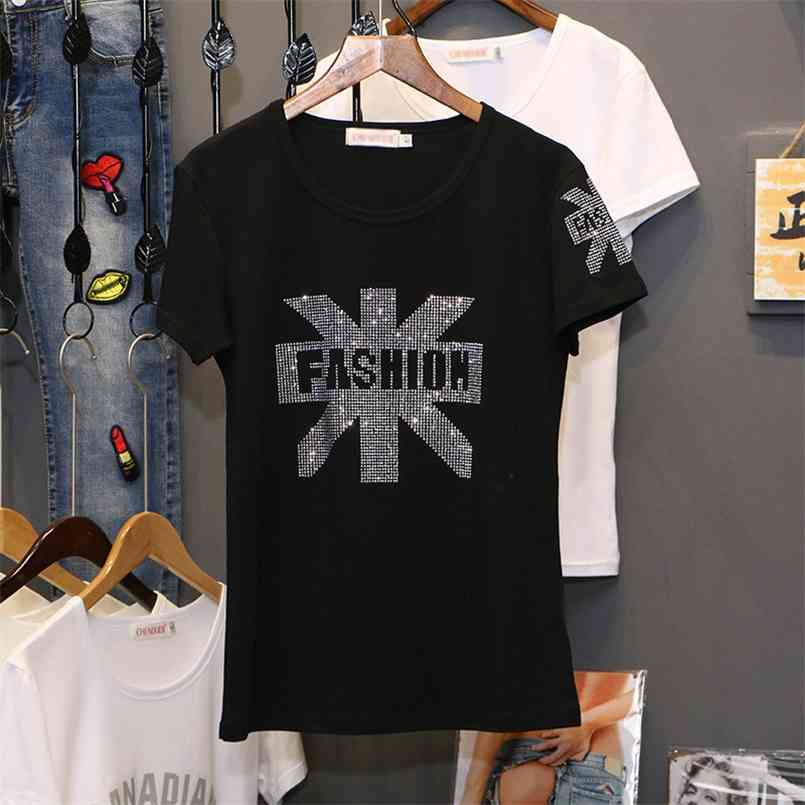 Summer personality Diamonds T-shirt Ladies comfortable fashion loose drilling Black O-neck short sleeve women tops 210708
Summer personality Diamonds T-shirt Ladies comfortable fashion loose drilling Black O-neck short sleeve women tops 210708