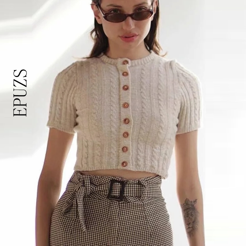 Sexy short sleeve crop cardigan women sweater vintage black white knitted fall korean winter tops 210521