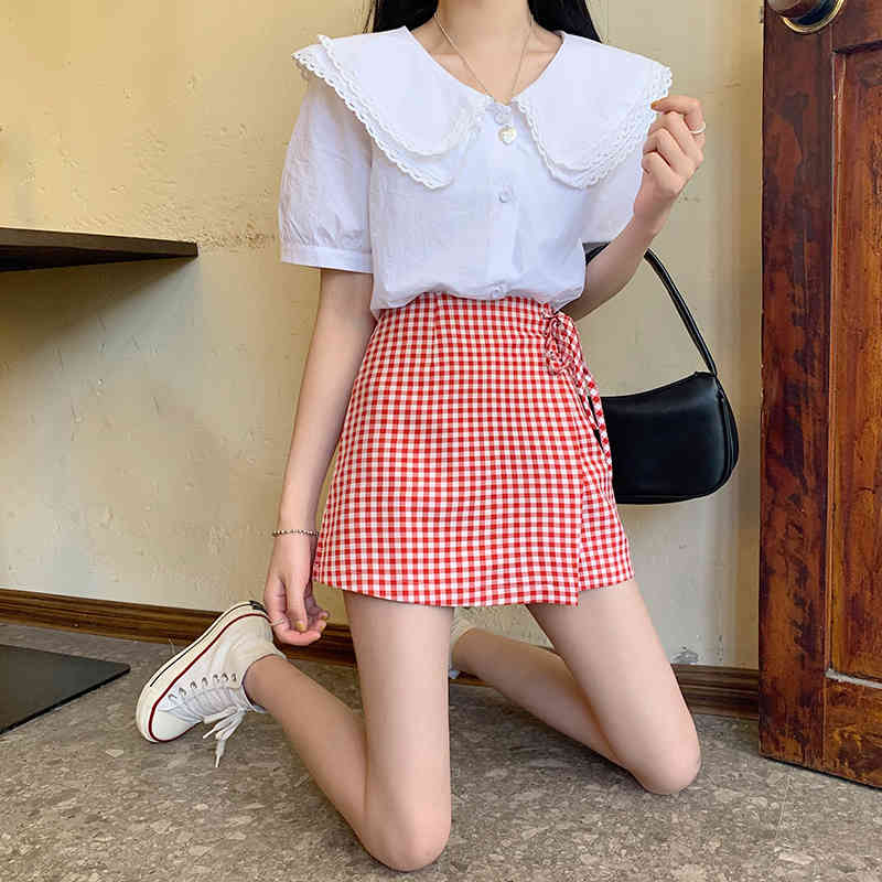 High Waist Lace Up Red Irregular Plaid Skirt Women Fashion Japan Style Chic Summer Wild Student Casual Shorts Faldas Mujer 210429