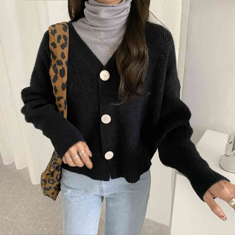 Autumn OL All Match Gentle Solid Knitted Chic Sweaters Loose V-neck Elegance Cardigans Thicken Warm Clothe Tops 210421