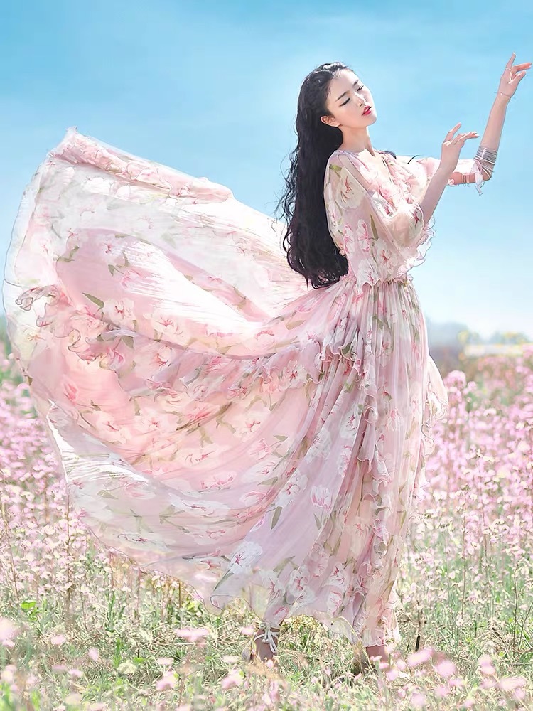 Sweet Blush Pink Floal Printed Women Dresses To Birthday Party Pretty Ruffles Tiered Tulle Mini School Dress 210421