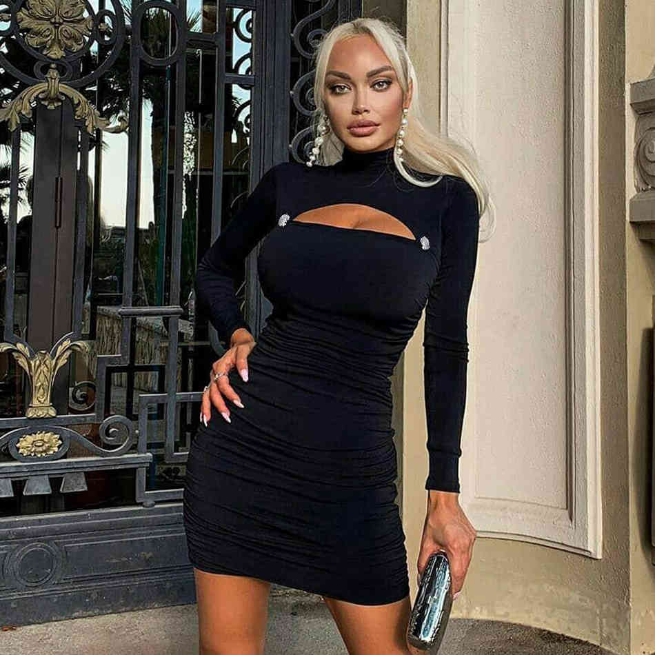 Spring Long Sleeve Women Bandage Dress Sexy Hollow Out Black Club Celebrity Evening Runway Party Dresses Vestidos 210423