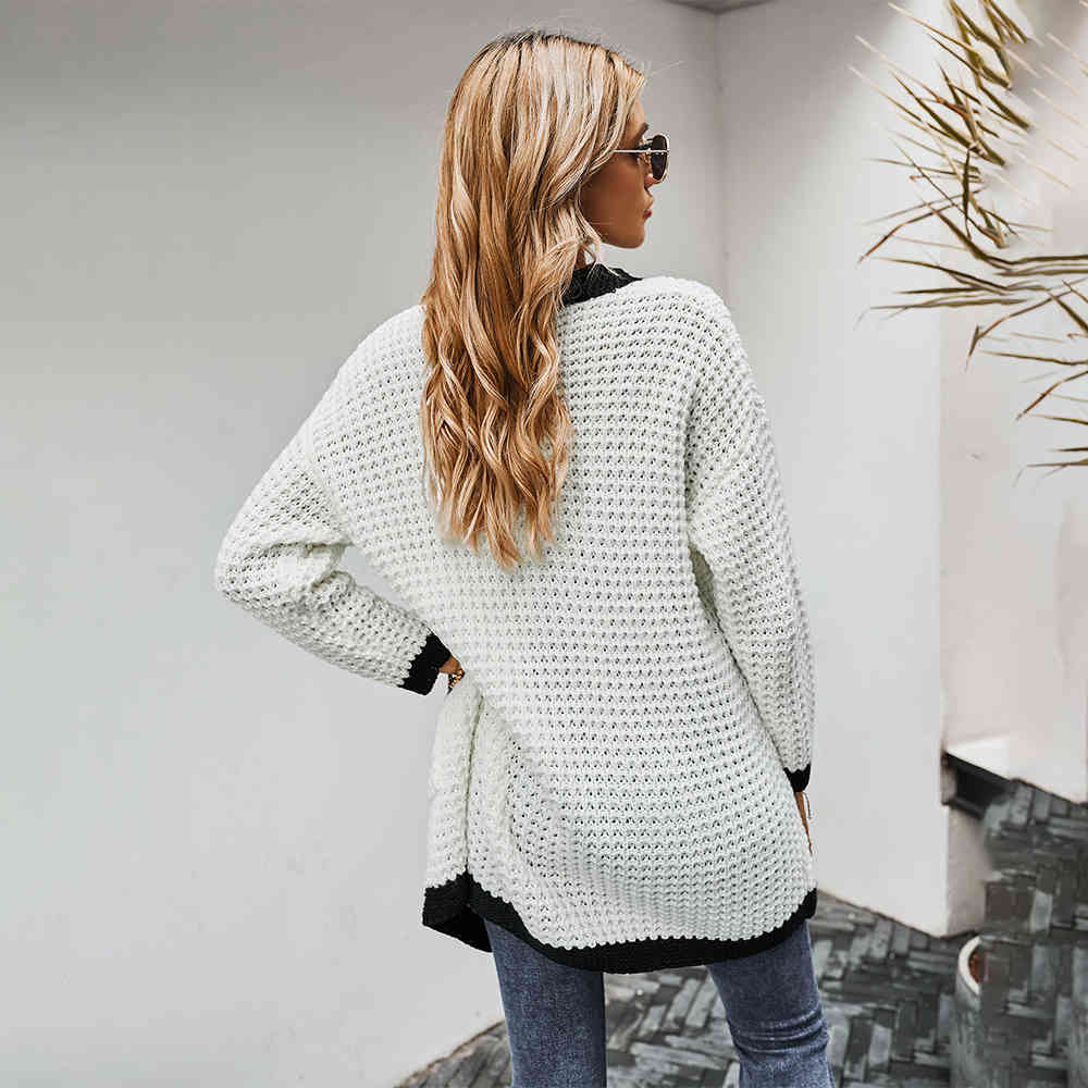 Autumn Winter Long Cardigan White Long Sleeve Patchwork Knitted Tops Jacket Coat Sweaters For Women Fall Clothing Fashion 210415