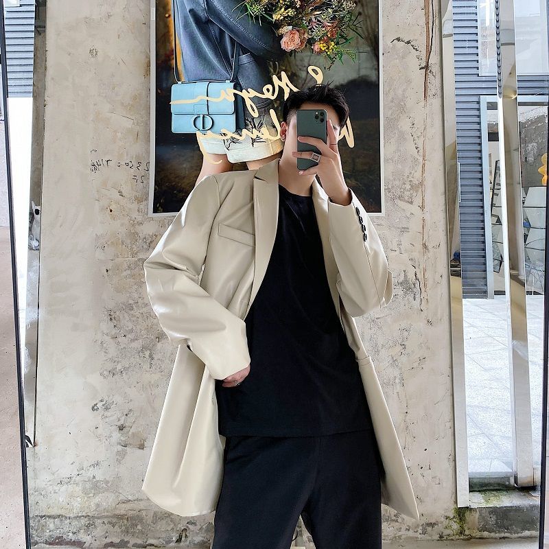 IEFB /men's Wear Spring Autumn PU Leather Notched Collar Blazers Male Loose All-match Single Breasted Suit Coat 9Y3988 210524