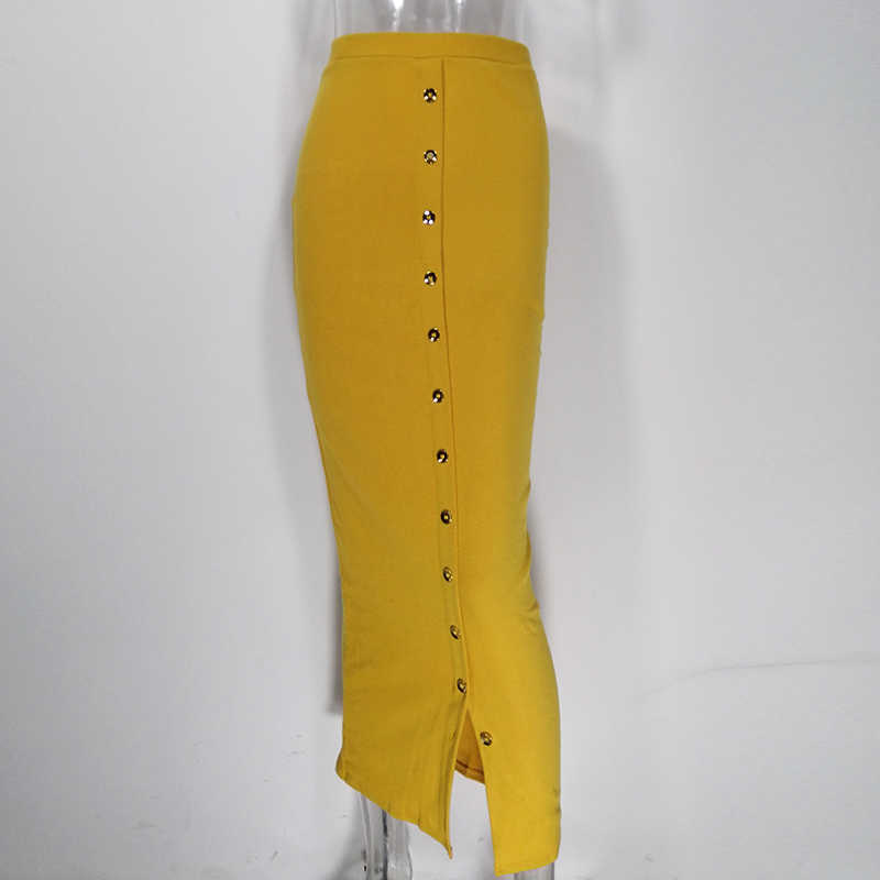 Colysmo Winter long Skirts Womens High Waist Bodycon Sexy Casual Retro Button Front Slit Midi Pencil Falda 210527