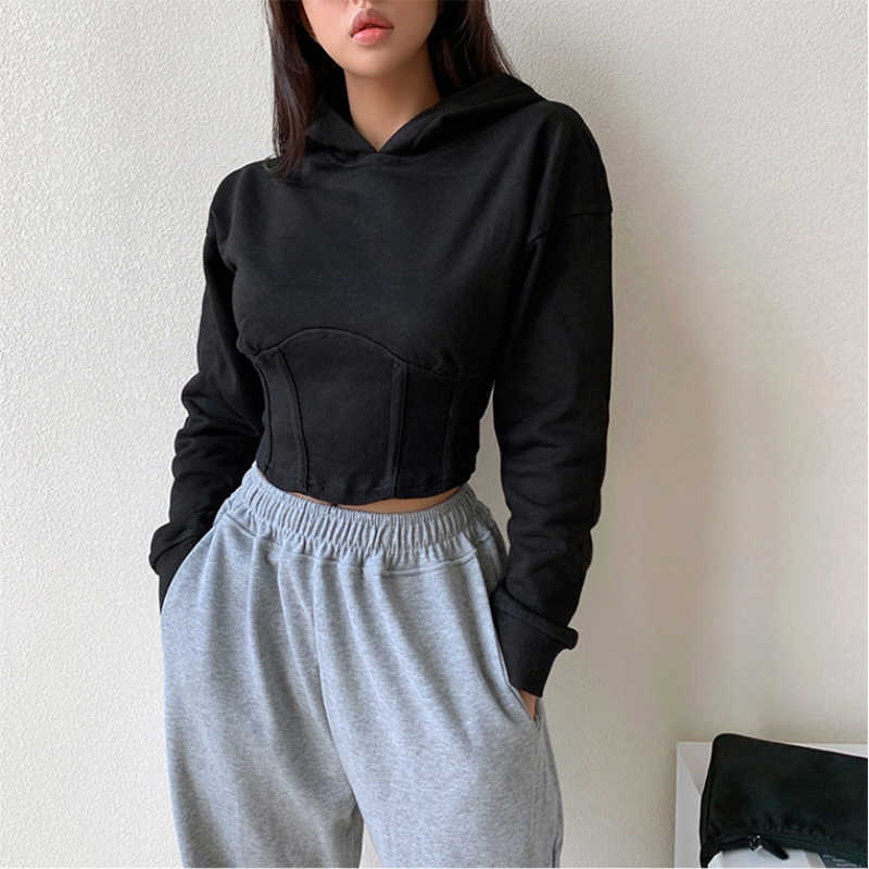 WOMENGAGA Autumn Winter Women Cinched Waist Crop Hoodie Hooded Sweatshirt With Corset Detail X4LA 210603