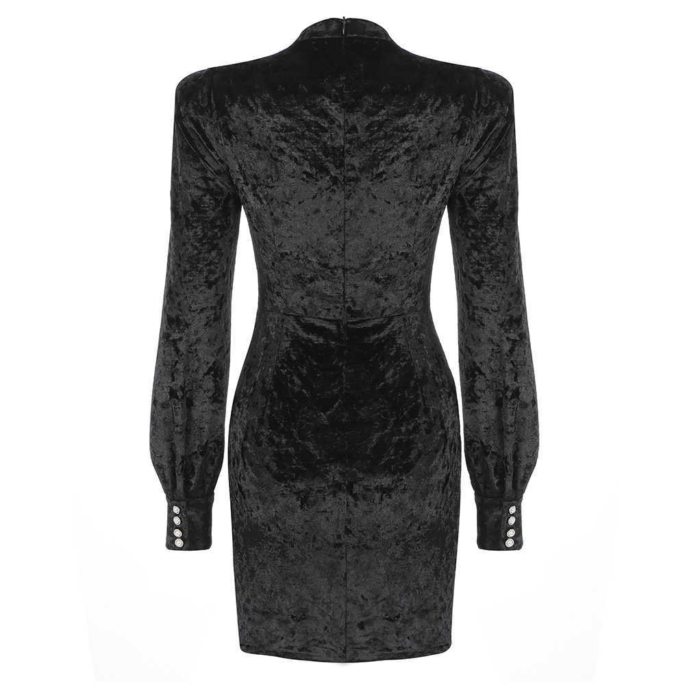 Women Summer Ladies Black Sexy Front Cutout Long Sleeve Round Neck Tight Velvet Mini Celebrity Party Dress 210527