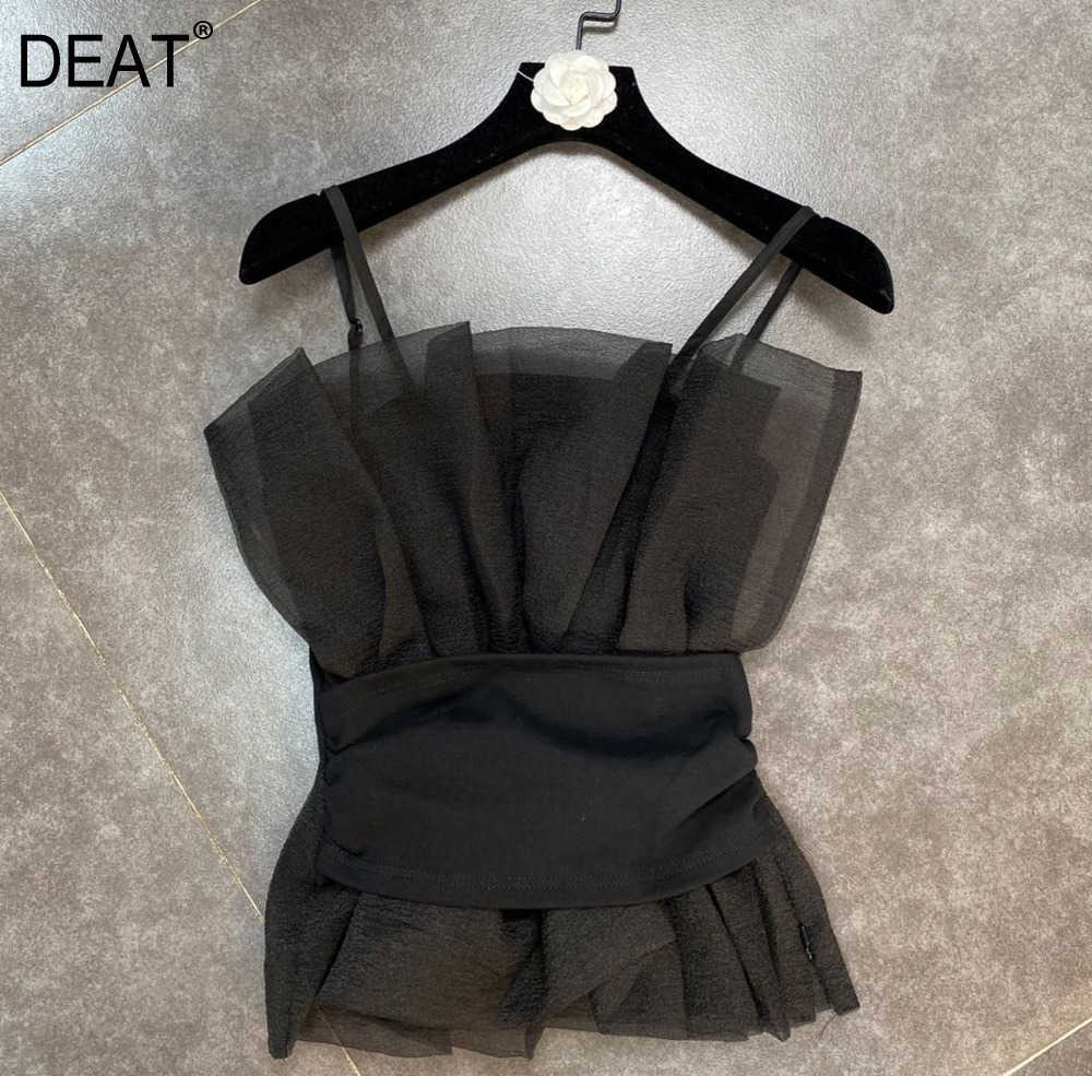 DEAT summer fashion women clothes straps high waist mesh spliced sweet girl's top female tank WS31200L 210709