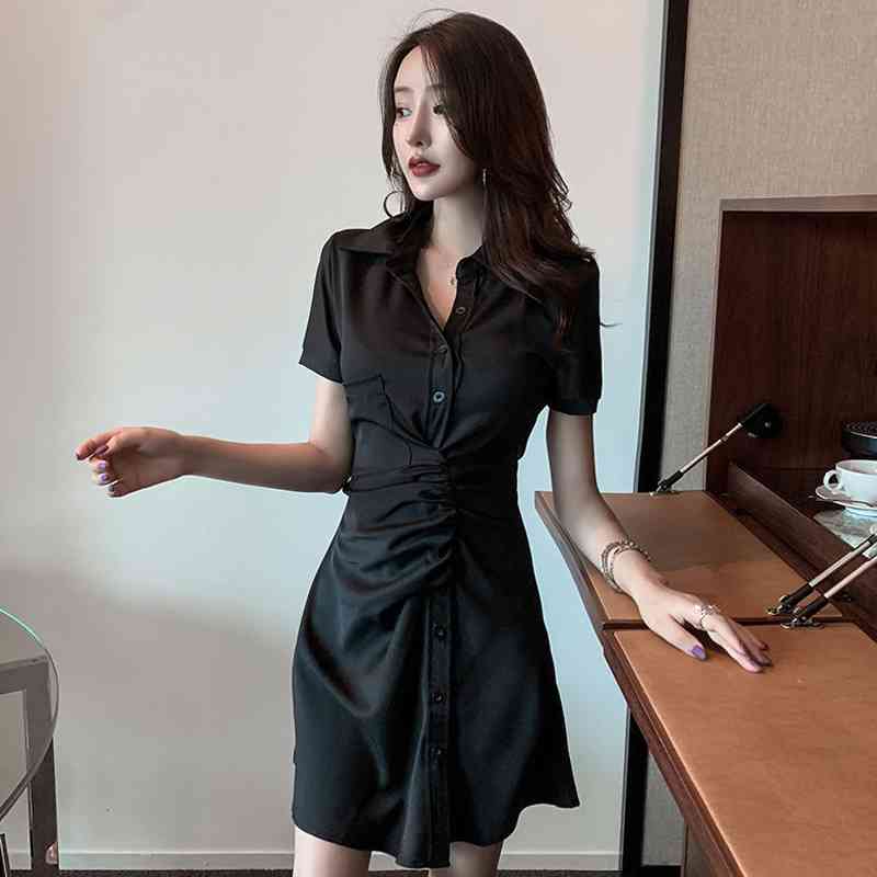 Summer Chic Folds Women Shirt Dress Korean style Short Sleeve Button Up Ladies Plus Size Turn-Down Collar Female Robe 210521