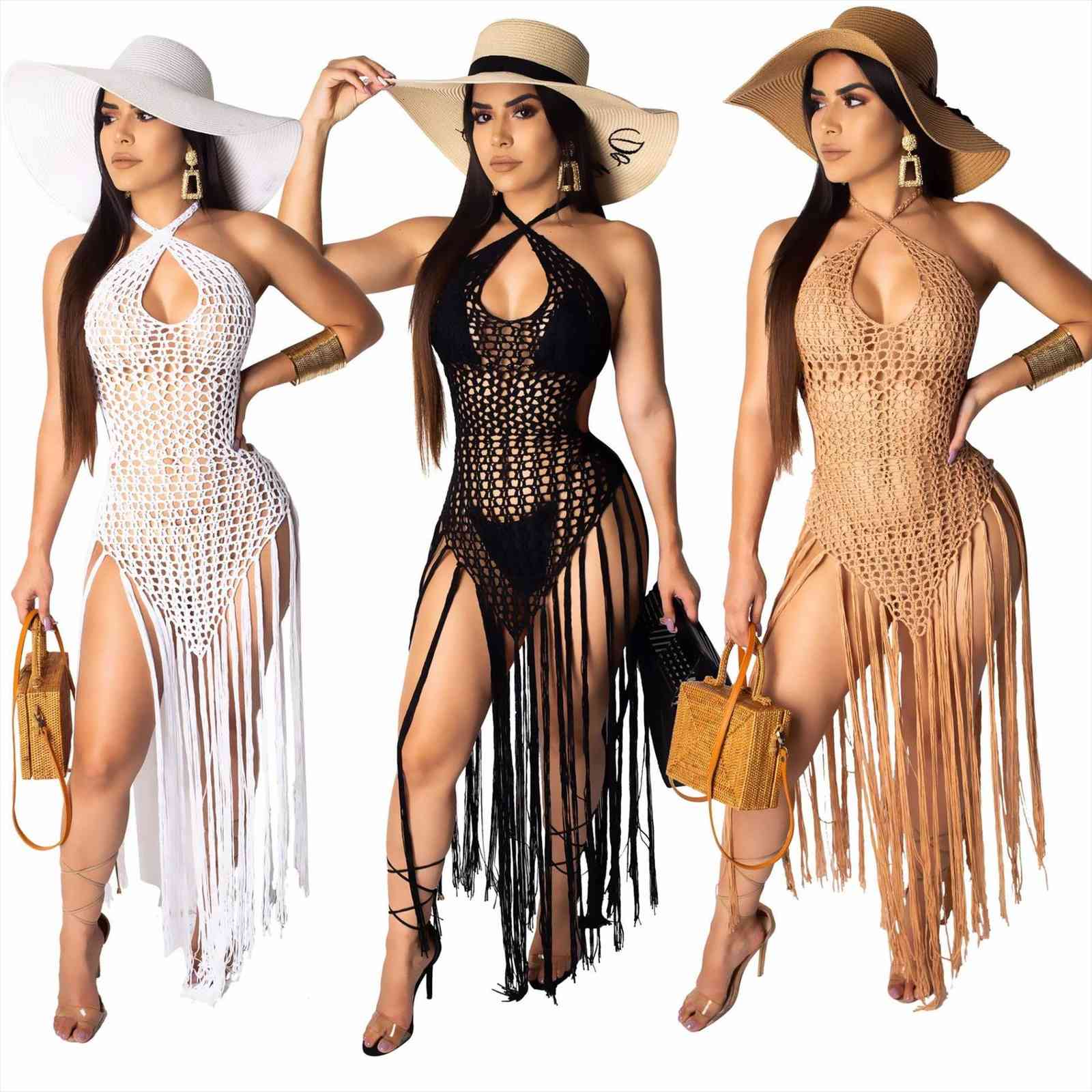 long tassels knitted cover ups womens dresses halter string back crocheted beach clothing ankle length solid pattern outdoor wear, Black;gray
long tassels knitted cover ups womens dresses halter string back crocheted beach clothing ankle length solid pattern outdoor wear, Black;gray