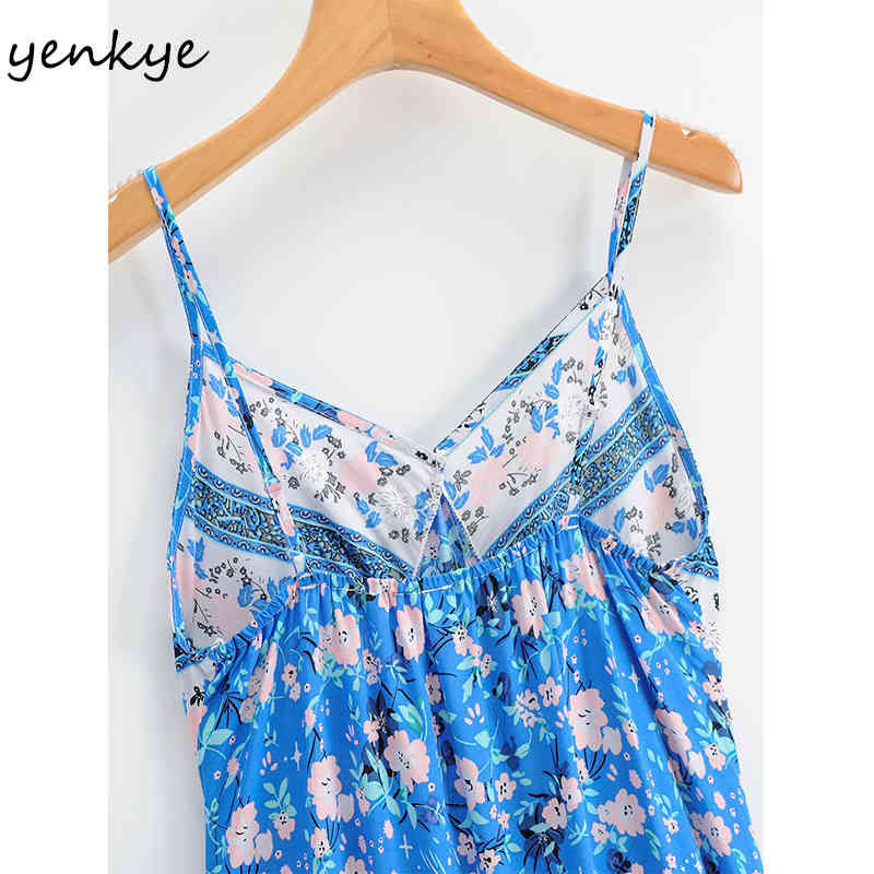 YENKYE Blue Floral Print Holiday Beach Dress Women Sexy V Neck Sleeveless Vestido Mujer High Waist A-line Casual Summer Dress 210515
