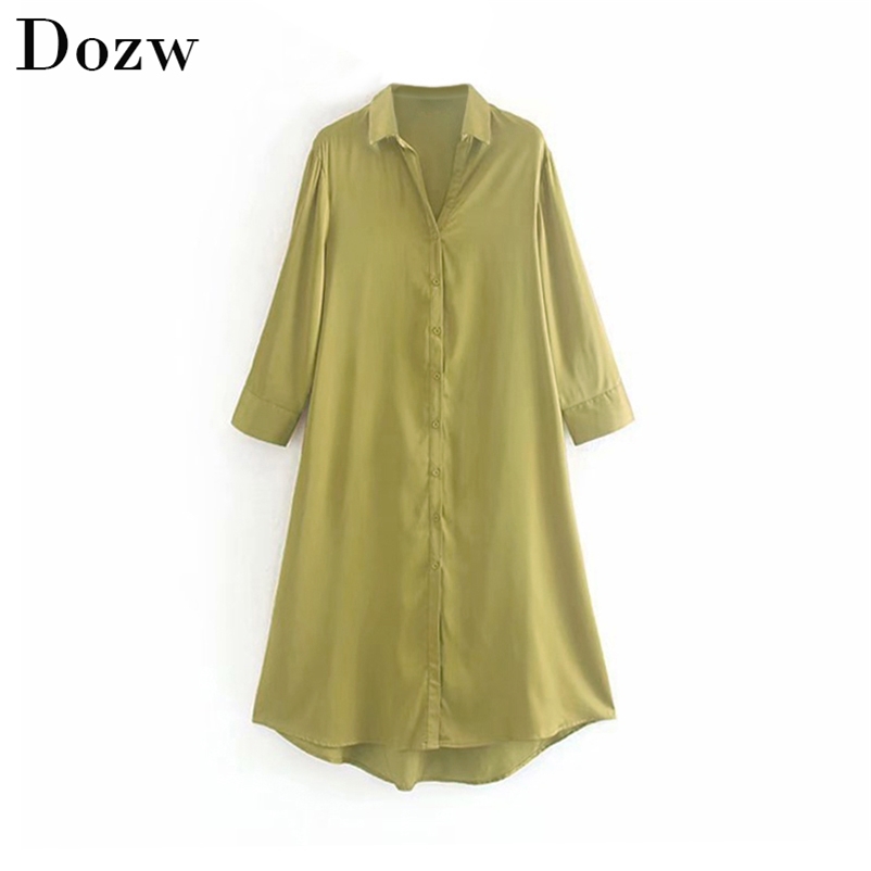 Solid Satin Silk Women Shirt Dress Elegant Ladies Turn Down Bandage Casual Loose Female Soft Yellow Midi es 210515