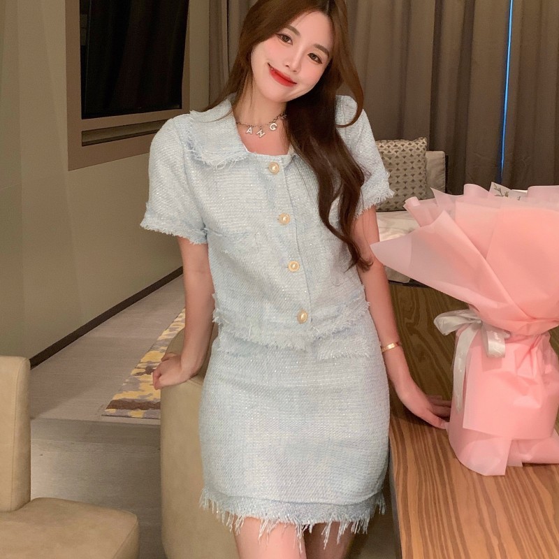 Korea Two Piece Set Women Elegant Fashion Tweed Peter Pan Collar Short Sleeve Crop Top + Bodycon Tassel Mini Skirt Suit 210519