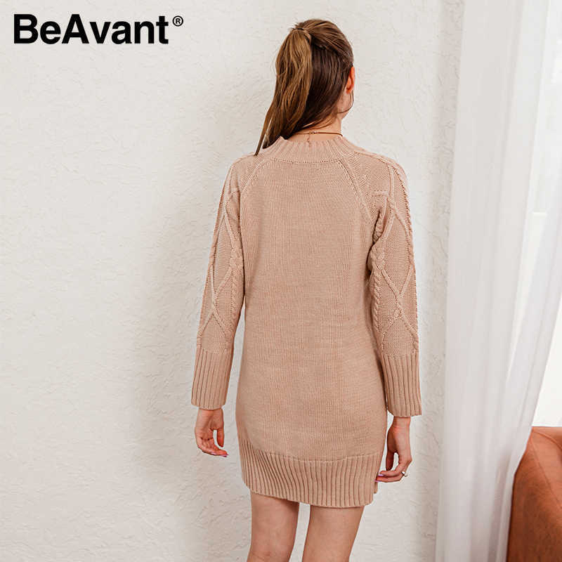 BeAvant Elegant solid long sleeve midi dress women O-neck patterned straight dress Casual autumn winter warm dress ladies 210709