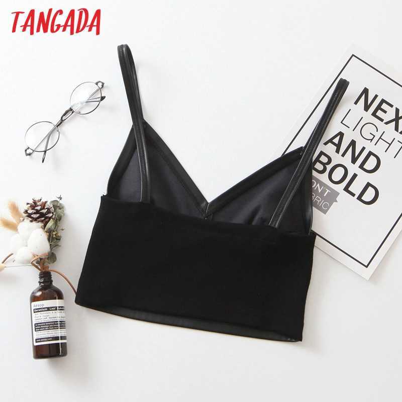 Tangada women sexy pu leather patchwork strethy camis top spaghetti strap sleeveless backless shirts solid tops 8H6 210625