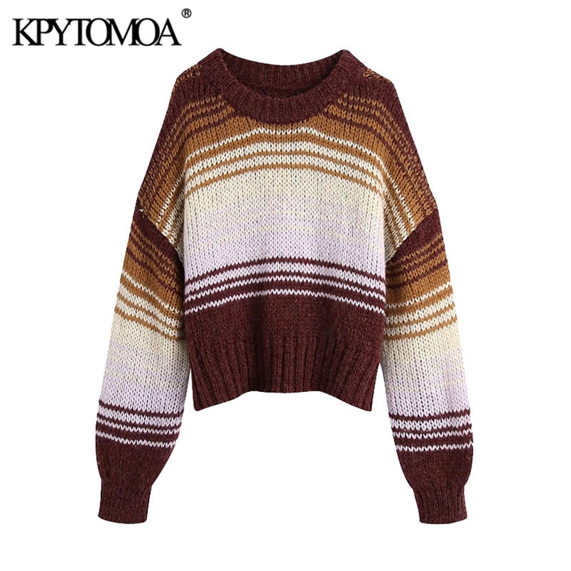 Women Fashion Oversized Striped Knitted Sweater O Neck Lantern Sleeve Female Pullovers Chic Tops 210420