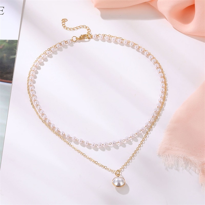 Vienkim 2020 New Double Layer Chain Gold Color Choker Necklace Women Korean Style Pearl Pendant Necklace Fashion Jewelry Collar Y0420