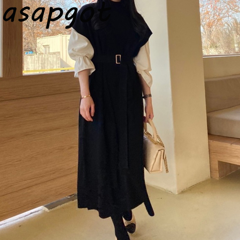 Autumn Chic Solid Loose Flare Sleeve Blouse Tops Half Turtleneck Short Knitted Dress Women Bandage Lace Up Waist Casual 210429