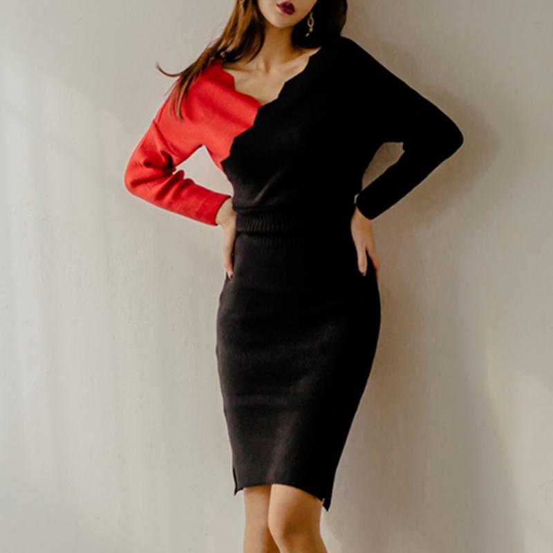 Ladies V-Neck High Waist Long-Sleeved Sweater Knitted Dress Bat Sleeve Bodycon Knee-Length Sexy Vestidos Casual Dresses