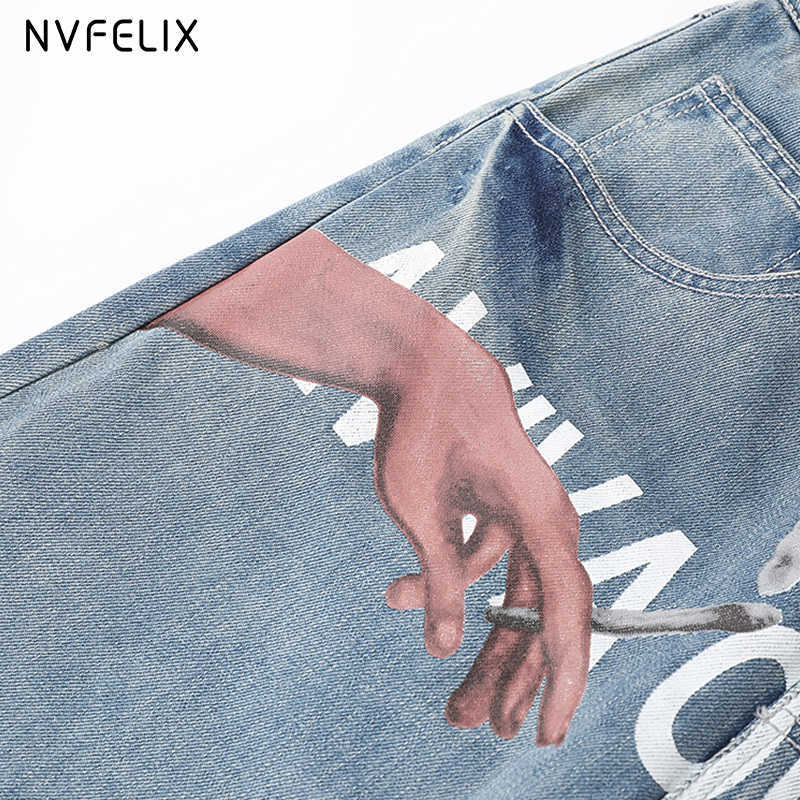High Waist Jean's Pants Mom Printed Loose Wide Leg Straight Traf Fashion Denim Streetwear Trousers For Female 210809