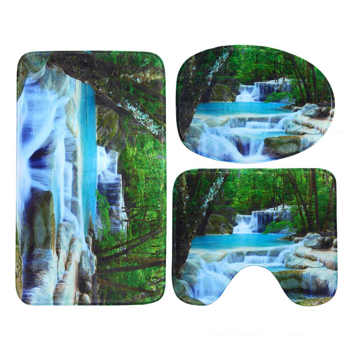 3D Waterfall Scenery Waterproof Shower Curtain Bathroom Landscape Trees Flower Bath Mat Set Pedestal Rug Lid Toilet Cover 210402