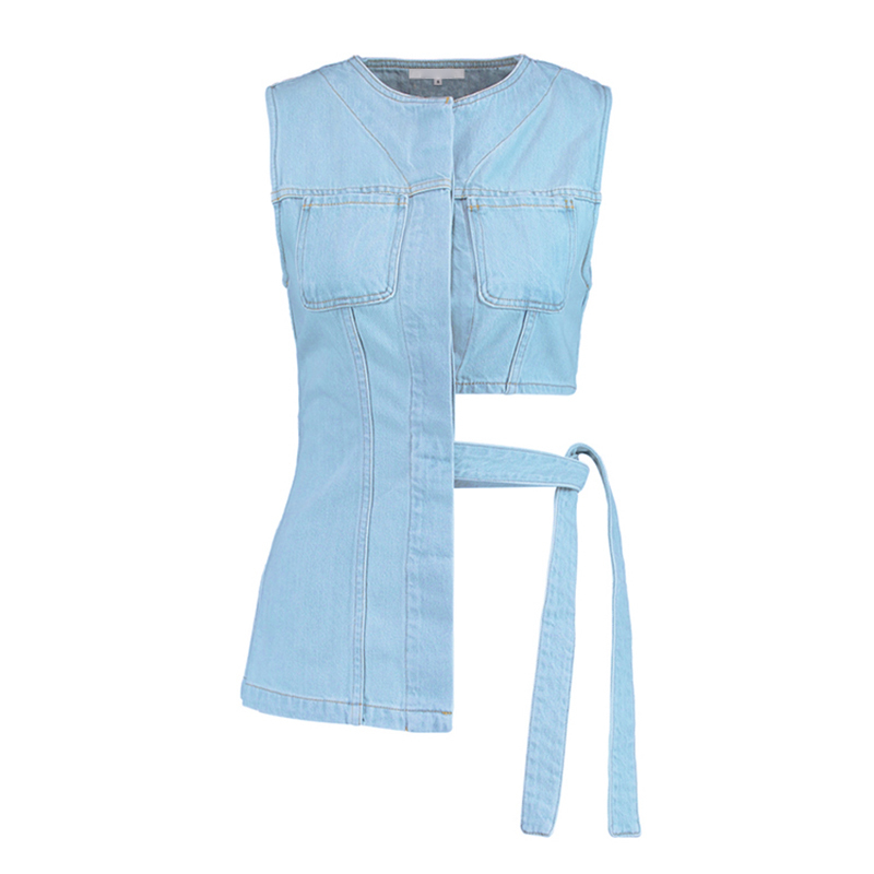 VGH Casual Streetwear Denim Vest For Women O Neck Sleeveless Hollow Out Blue Vests Female Fashion New Clothing Summer Tide 210421