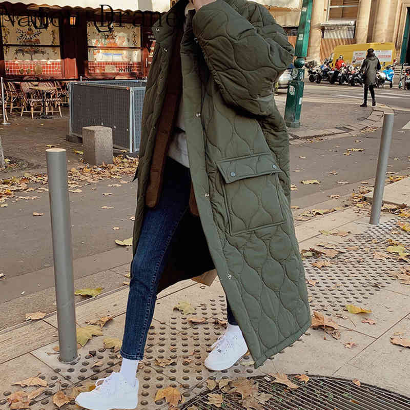 South Korea's chic autumn/winter retro li-collar diamond-print loose medium-length oversize thick cotton coat woman. 210429