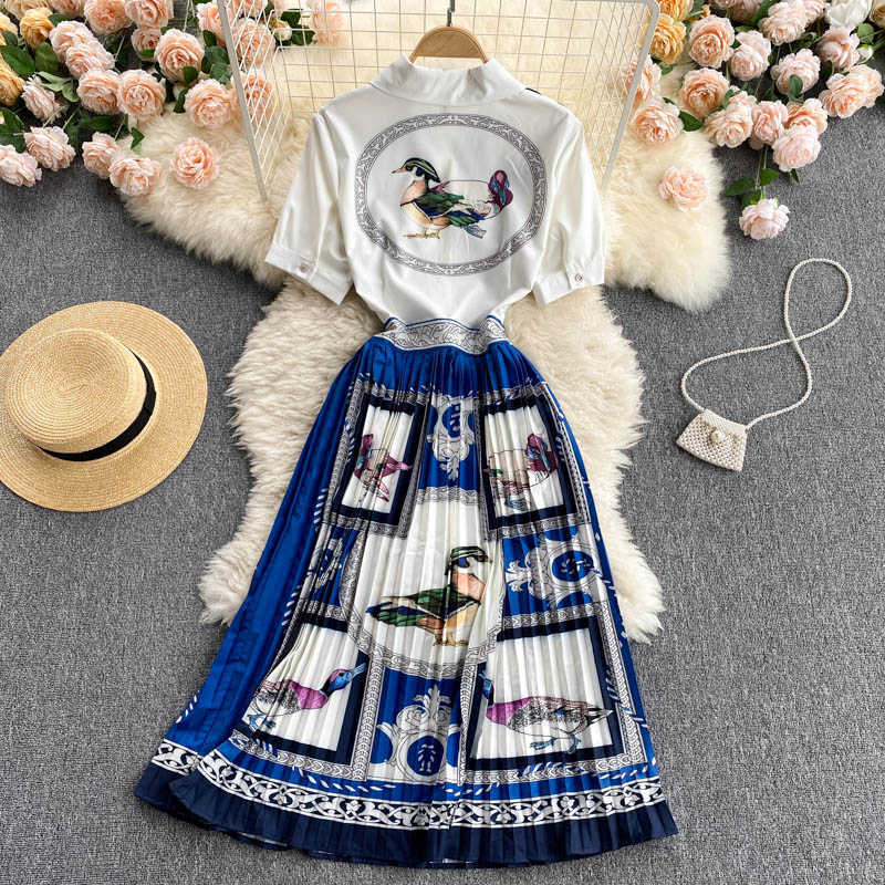 Women's Fashion Short-sleeved Printing Pleated A-line Dress Vintage Elegant Clothes Vestidos De Mujer S768 210527
