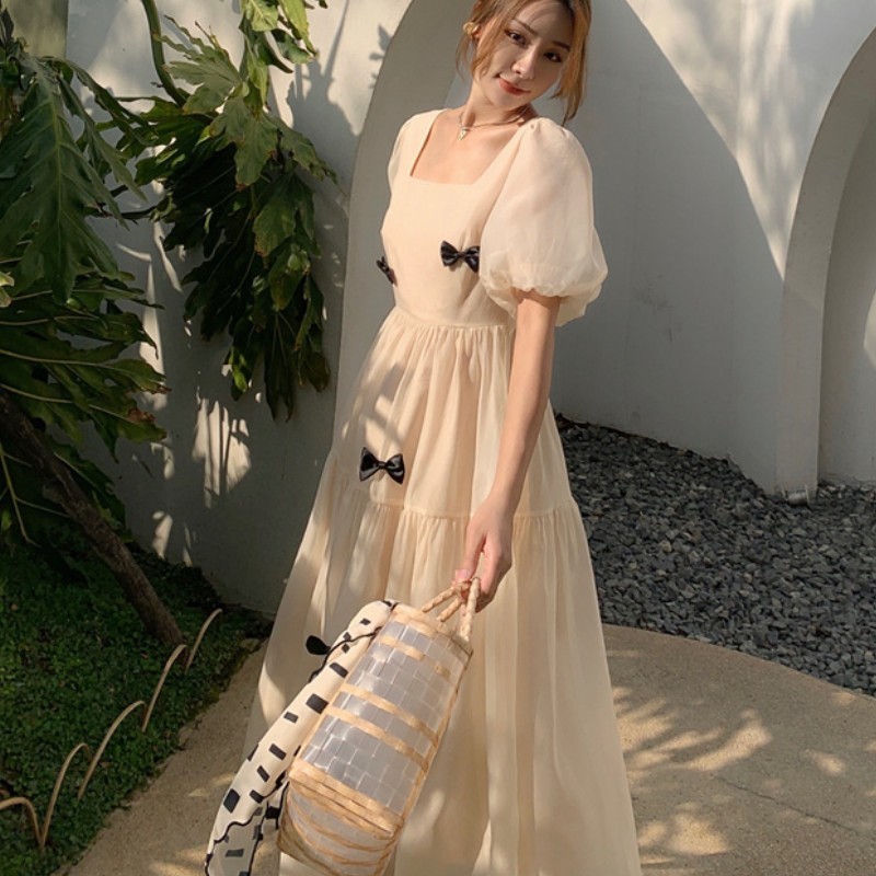 Elegant Square Collar Women Solid Chiffon Puff Sleeve Dresses Korean Fashion Sweet Bow Vintage Fairy Party Dress Vestidos 210518