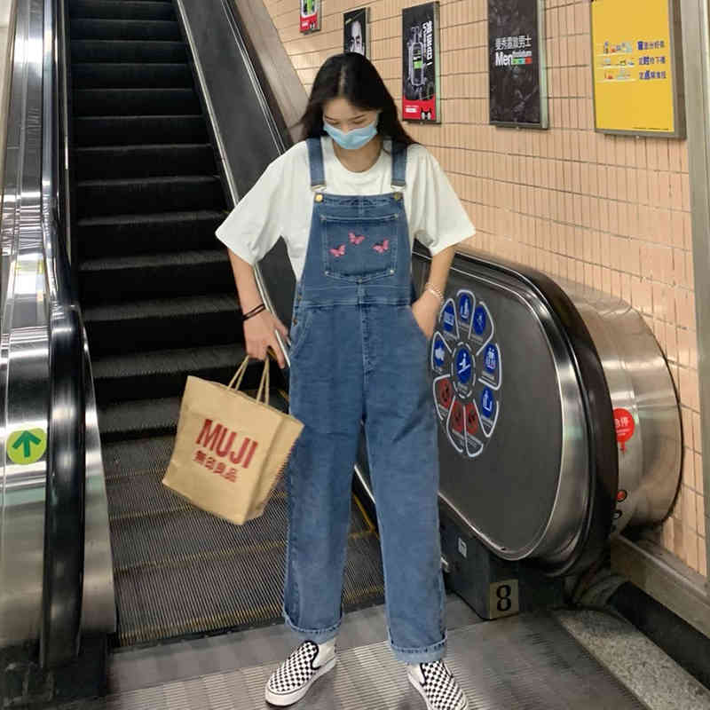S-XL,2X,3XL,4XL korean style oversize Jumpsuit Denim Overalls Casual Girls butterfly embroidery plus size Jeans pants womens 210423