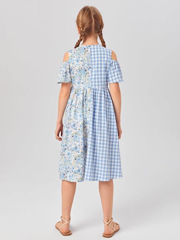 Girls Floral Gingham Cold Shoulder Dress SHE