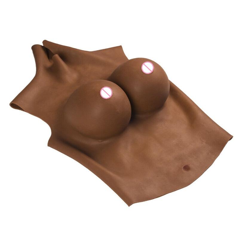Women's Shapers Artificial Boobs Silicone Breast Half Bodysuit Black Skin Transgender Body Women