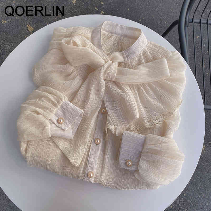 QOERLIN Chic Temperament Lotus Sleeve Bowtie Long Sleeve Shirt Women Pleated Chiffon Shirt Tops Mesh Sexy See Through Tops Shirt 210412