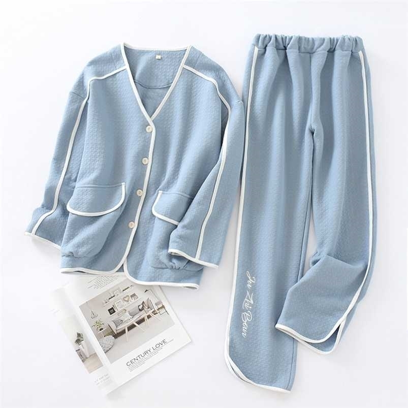 Autumn and Winter Leisure Tops Women's Long-Sleeved Trousers Cotton Thick Air Layer Solid Color Warm Simple Pajamas Set 211103