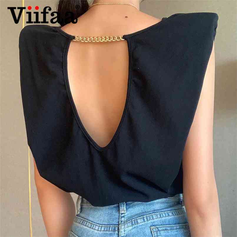 Viifaa Chain Detail Backless Woman Tshirts Shoulder Pad Summer Ladies Tops Black Casual Oversized T Shirt 210708
Viifaa Chain Detail Backless Woman Tshirts Shoulder Pad Summer Ladies Tops Black Casual Oversized T Shirt 210708