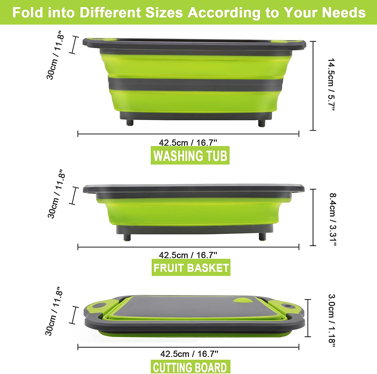 Collapsible Cutting Board Chopping Board with Colander 3 in 1 Vegetable Washing Basket Silicone Dish Tub for Kitchen Outdoor Camping Picnic BBQ Prep