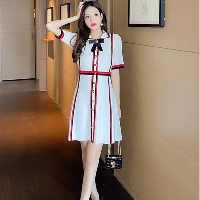 Summer Bow Lapel Long Sleeve Single-Breasted Knitted Dress Vintage Hit color Striped Casual A-Line 210519
