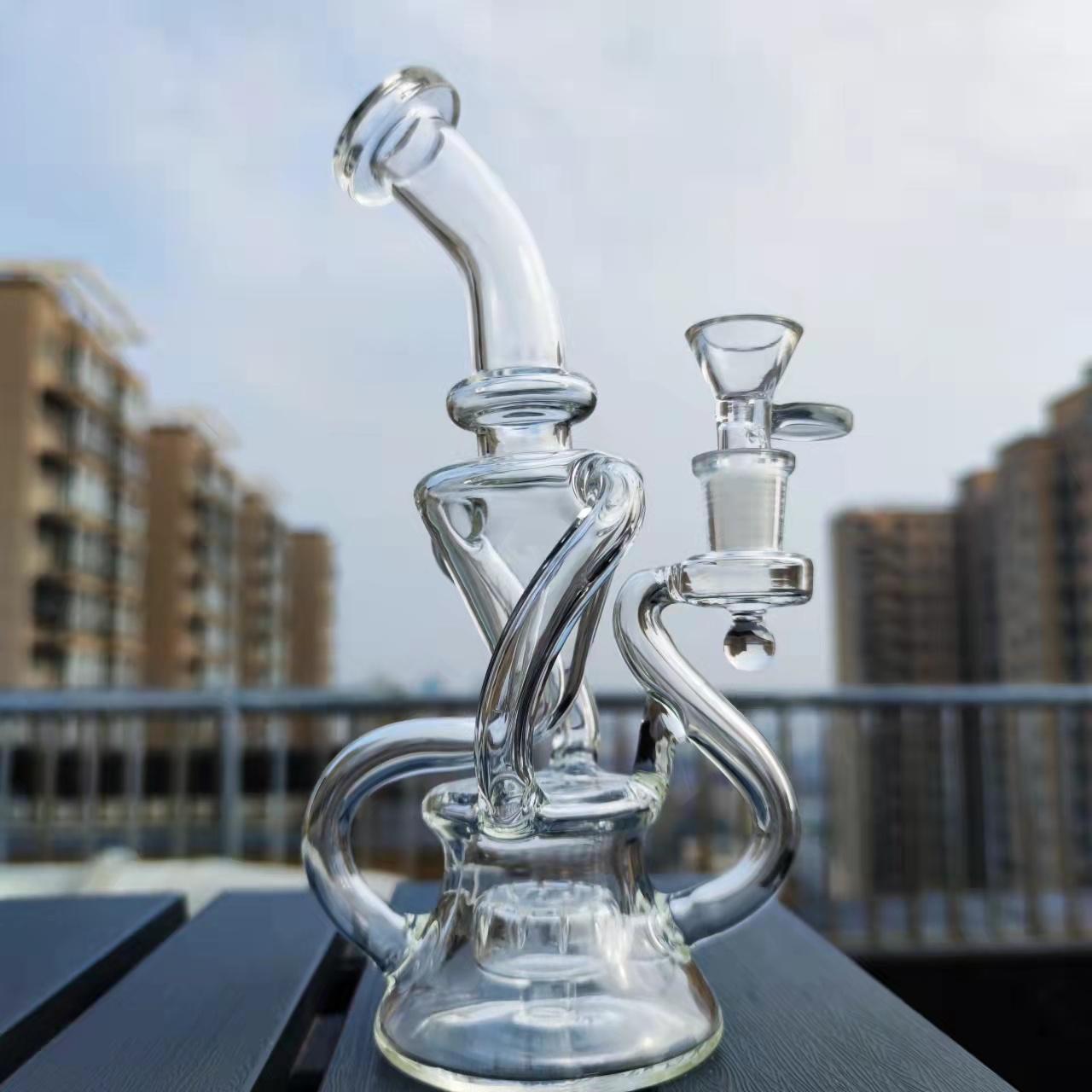 9 Inch Clear Recycler Glass Bong Water Pipes Joint Tobacco Hookah 14mm Bowl