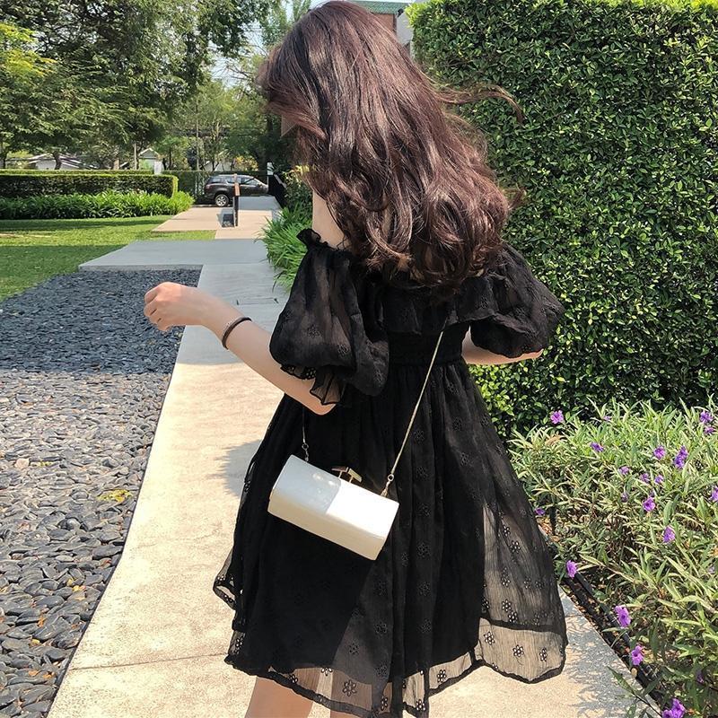 Puff Sleeve Casual Black Dress Women Square Collar Elegant Dress Evening Party Gothic Dress for Females Korean Style Summer 210521