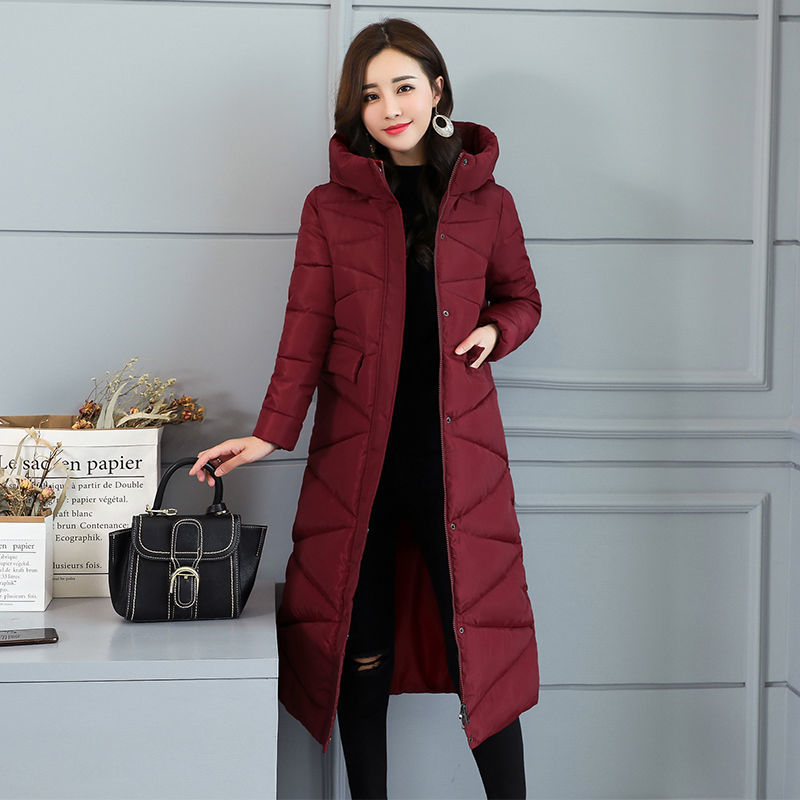 Korea Fashion Women Slim Long Coat Plus Size Hooded Stand Collar Warm Cotton Parkas Winter Thick Jacket Ladies D241 210512