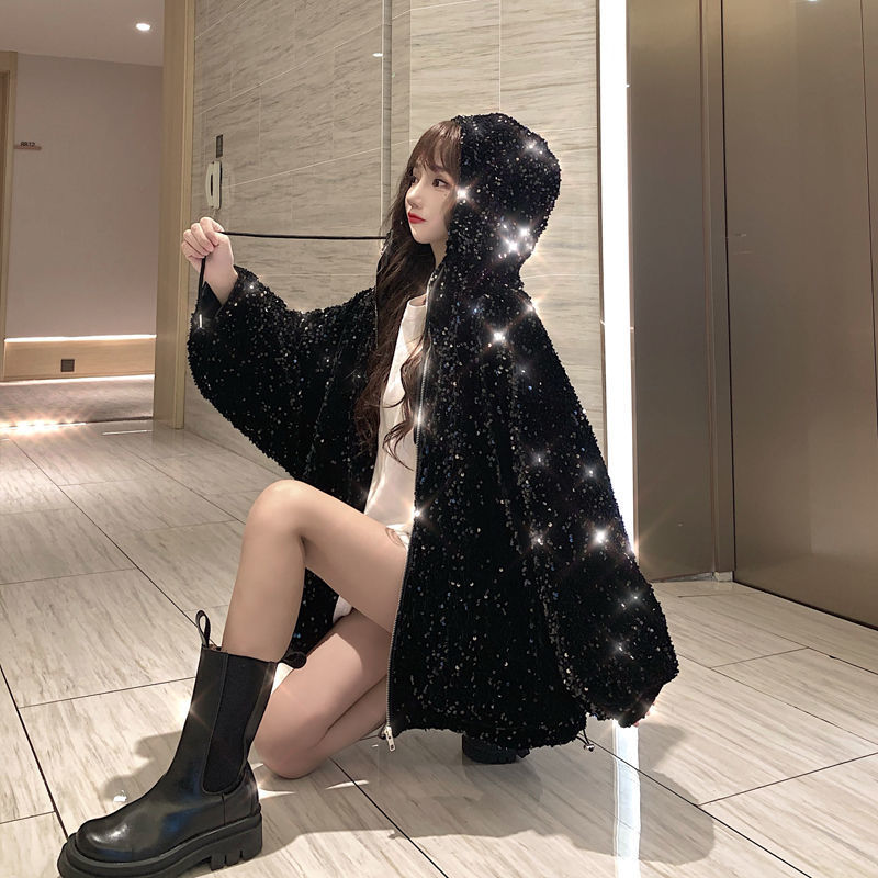 Wonder Shiny Sequined Long Sleeve Jacket Hooded Drawstring Loose Jackets Woman Casual Pocket Winter Coats 210510