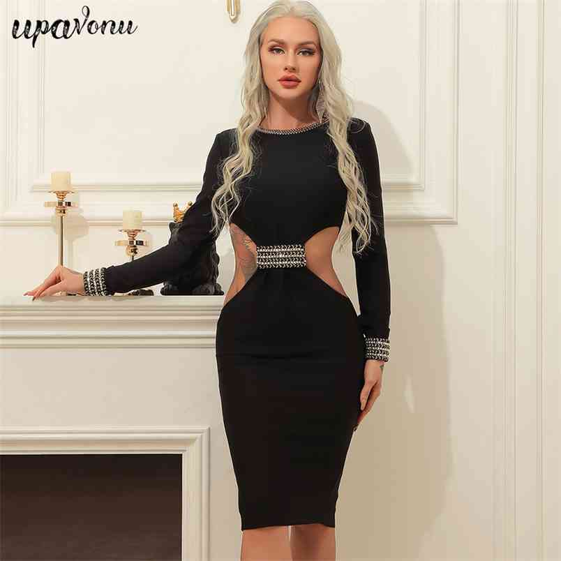 Free Women's Rivet Bandage Dress O-Neck Long Sleeve Waist Hollow Bodycon Knee Length Club Party Vestidos 210524