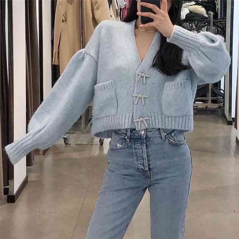 Sweet Women Sky Blue Sweater Fashion Ladies Diamonds Button Coats Elegant Female Chic Knitted Puff Sleeve Cardigan 210527