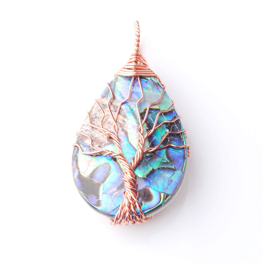 WOJIAER Tree of Life Metal Wire Wrap Water Drop Bead Necklace & Pendant Natural Abalone Shell Jewelry Chain 18 Inches BW920