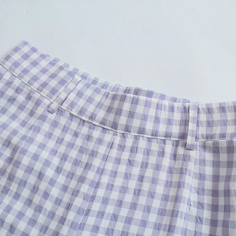 BBWM Women Vintage Plaid Print Casual Straight Pants Retro Female Side Zipper Pantalones Mujer Chic Long Trousers 210520