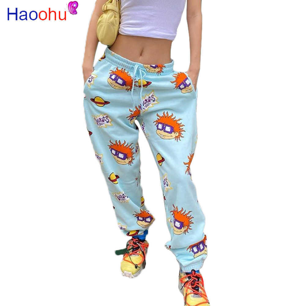 HAOOHU Streetwear Cartoon Skull Print Women Pants Autumn Elastic High Waist Pocket Trousers Urban Draped Jogger Pants Sweatpants 211006