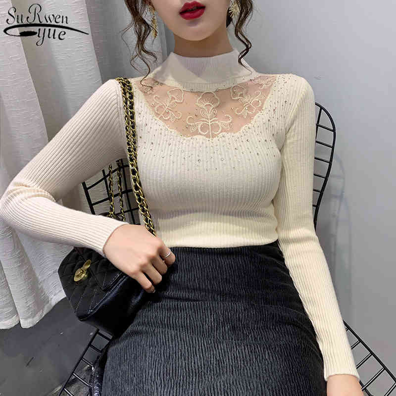 Women's Knitwear Solid Long Sleeve Bottoming Shirts Autumn and Winter Women Half-turtleneck Lace Hollow Pullover 11565 210427